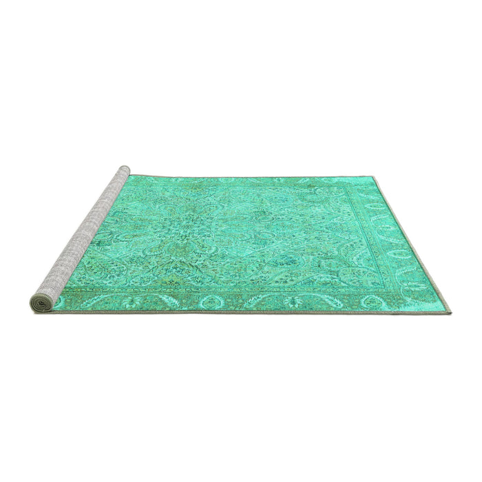 Sideview of Machine Washable Oriental Turquoise Traditional Area Rugs, wshtr1106turq