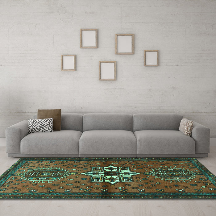 Machine Washable Persian Turquoise Traditional Area Rugs in a Living Room,, wshtr1107turq