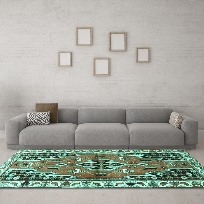 Machine Washable Persian Turquoise Traditional Area Rugs in a Living Room,, wshtr1108turq