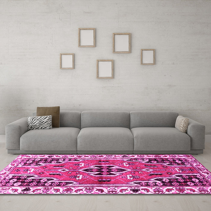 Machine Washable Persian Pink Traditional Rug in a Living Room, wshtr1108pnk