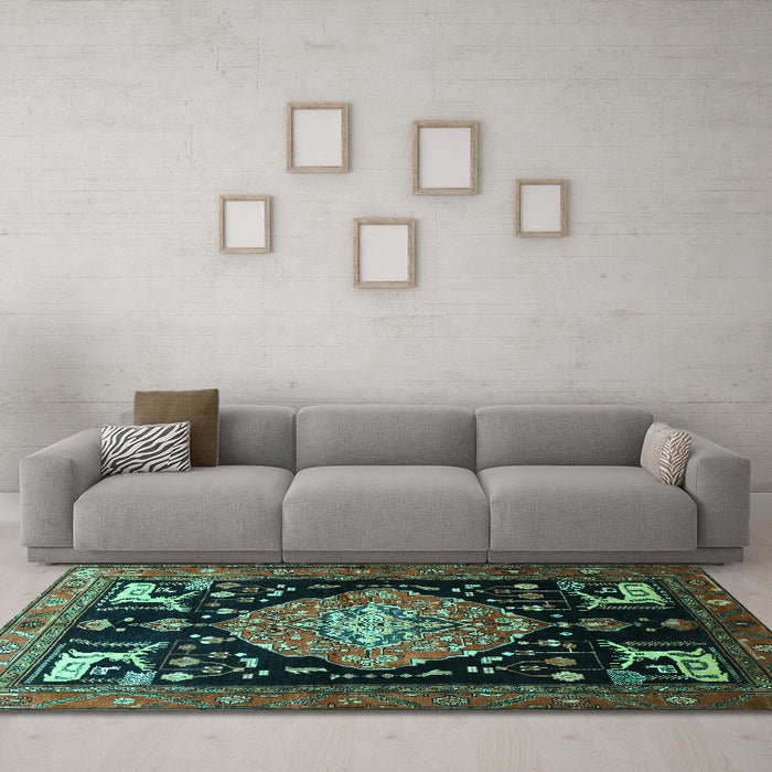 Machine Washable Animal Turquoise Traditional Area Rugs in a Living Room,, wshtr1110turq