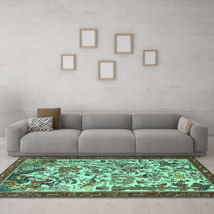 Machine Washable Animal Turquoise Traditional Area Rugs in a Living Room,, wshtr1111turq
