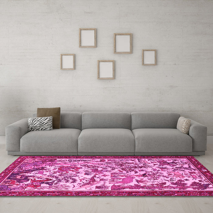 Machine Washable Animal Pink Traditional Rug in a Living Room, wshtr1111pnk