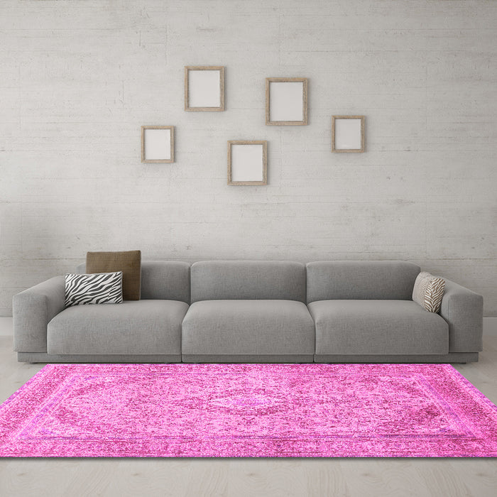 Machine Washable Medallion Pink Traditional Rug in a Living Room, wshtr1112pnk