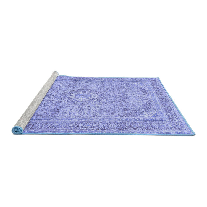 Sideview of Machine Washable Medallion Blue Traditional Rug, wshtr1112blu