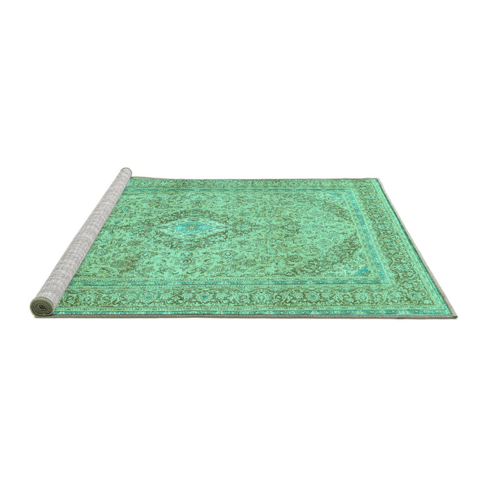 Sideview of Machine Washable Medallion Turquoise Traditional Area Rugs, wshtr1112turq