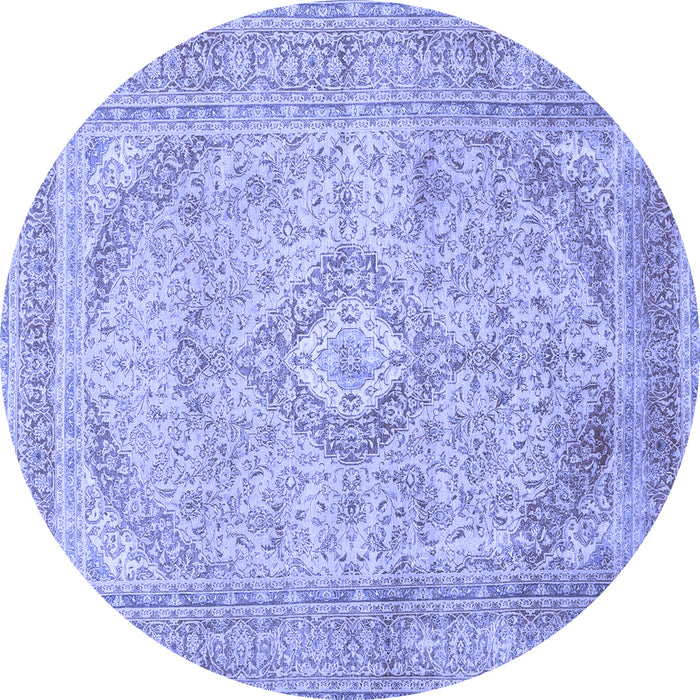 Round Machine Washable Medallion Blue Traditional Rug, wshtr1112blu