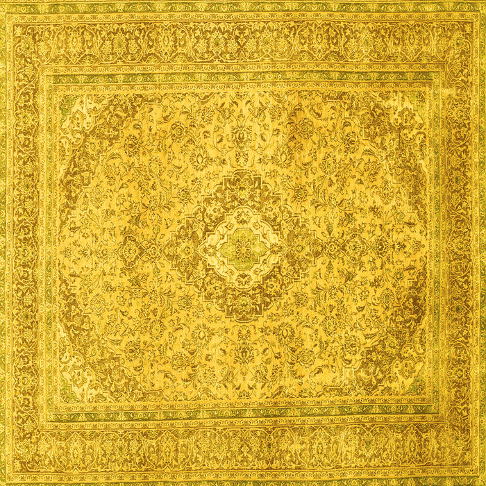 Square Machine Washable Medallion Yellow Traditional Rug, wshtr1112yw