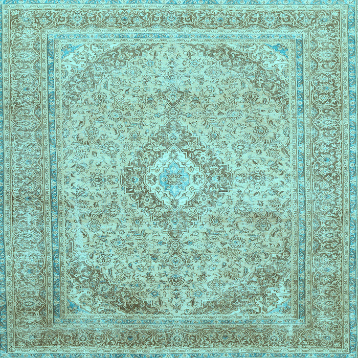 Square Machine Washable Medallion Light Blue Traditional Rug, wshtr1112lblu