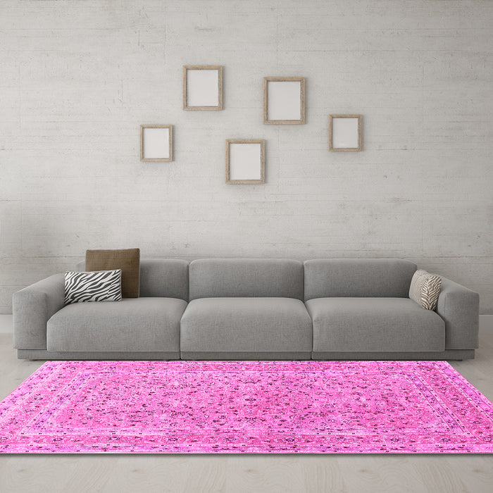 Machine Washable Persian Pink Traditional Rug in a Living Room, wshtr1113pnk