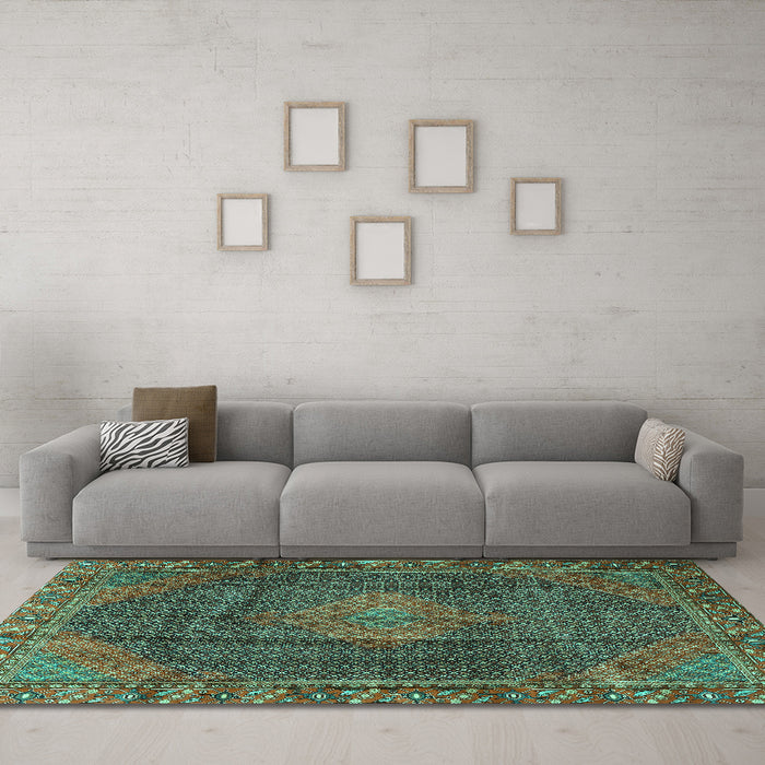 Machine Washable Persian Turquoise Traditional Area Rugs in a Living Room,, wshtr1114turq