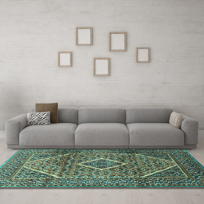 Machine Washable Persian Turquoise Traditional Area Rugs in a Living Room,, wshtr1115turq