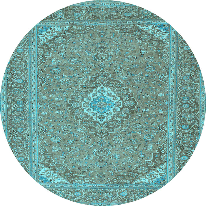 Round Machine Washable Medallion Light Blue Traditional Rug, wshtr1116lblu