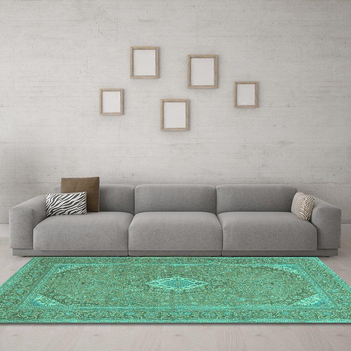 Machine Washable Medallion Turquoise Traditional Area Rugs in a Living Room,, wshtr1116turq