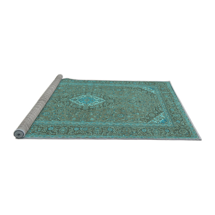 Sideview of Machine Washable Medallion Light Blue Traditional Rug, wshtr1116lblu