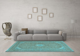 Machine Washable Medallion Light Blue Traditional Rug in a Living Room, wshtr1116lblu