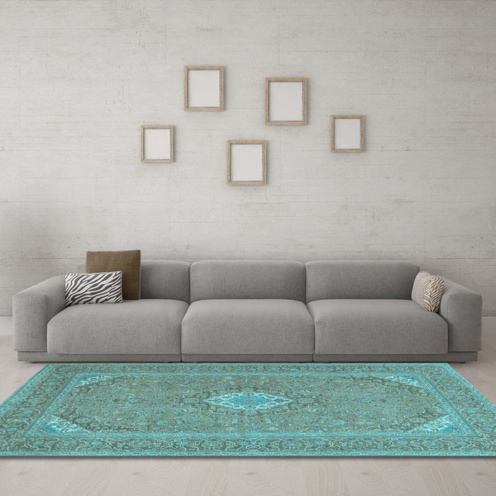 Machine Washable Medallion Light Blue Traditional Rug in a Living Room, wshtr1116lblu