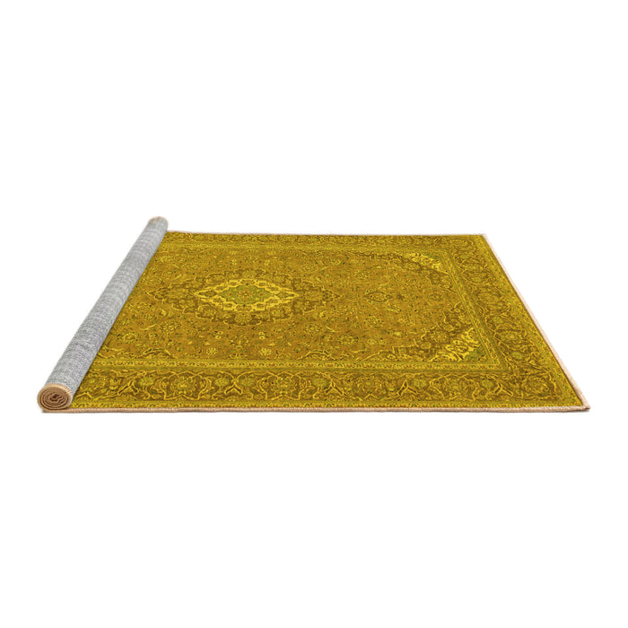 Sideview of Machine Washable Medallion Yellow Traditional Rug, wshtr1116yw