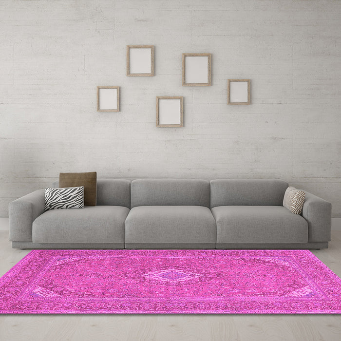 Machine Washable Medallion Pink Traditional Rug in a Living Room, wshtr1116pnk