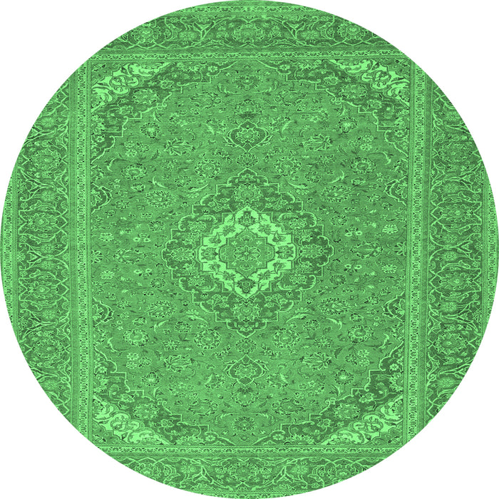 Round Machine Washable Medallion Emerald Green Traditional Area Rugs, wshtr1116emgrn