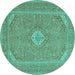 Round Machine Washable Medallion Turquoise Traditional Area Rugs, wshtr1116turq