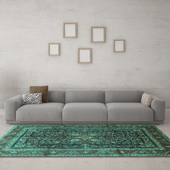 Machine Washable Persian Turquoise Traditional Area Rugs in a Living Room,, wshtr1117turq