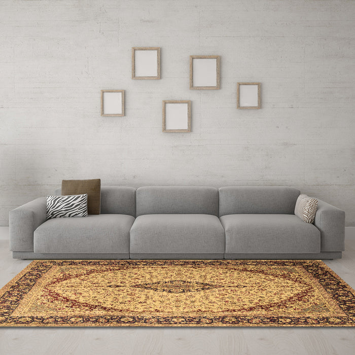 Machine Washable Medallion Brown Traditional Rug in a Living Room,, wshtr1118brn