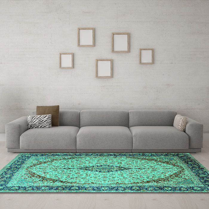 Machine Washable Medallion Turquoise Traditional Area Rugs in a Living Room,, wshtr1118turq