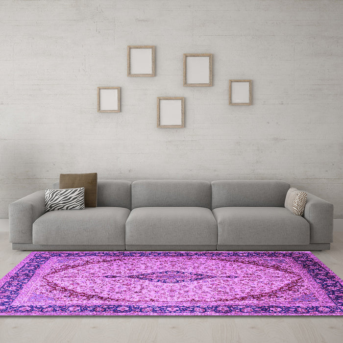 Machine Washable Medallion Purple Traditional Area Rugs in a Living Room, wshtr1118pur