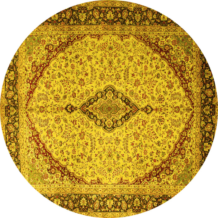 Round Machine Washable Medallion Yellow Traditional Rug, wshtr1118yw