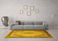 Machine Washable Medallion Yellow Traditional Rug, wshtr1118yw