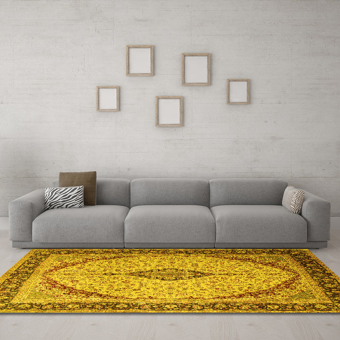 Machine Washable Medallion Yellow Traditional Rug in a Living Room, wshtr1118yw