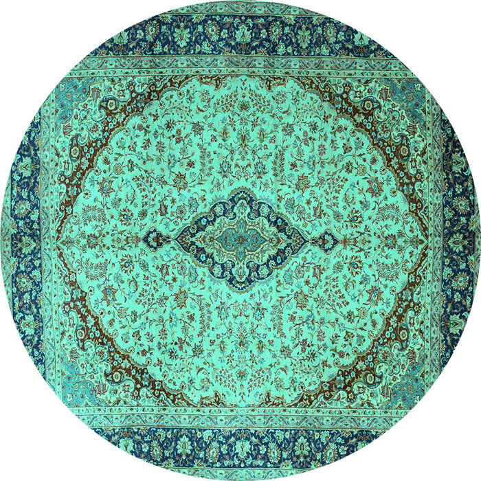 Round Machine Washable Medallion Turquoise Traditional Area Rugs, wshtr1118turq