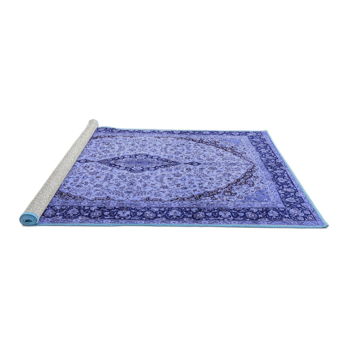 Sideview of Machine Washable Medallion Blue Traditional Rug, wshtr1118blu