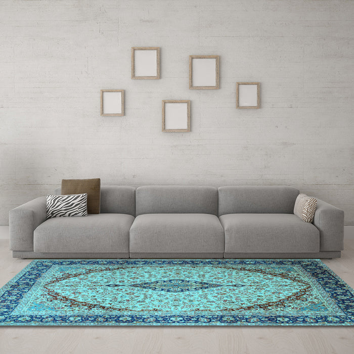 Machine Washable Medallion Light Blue Traditional Rug in a Living Room, wshtr1118lblu