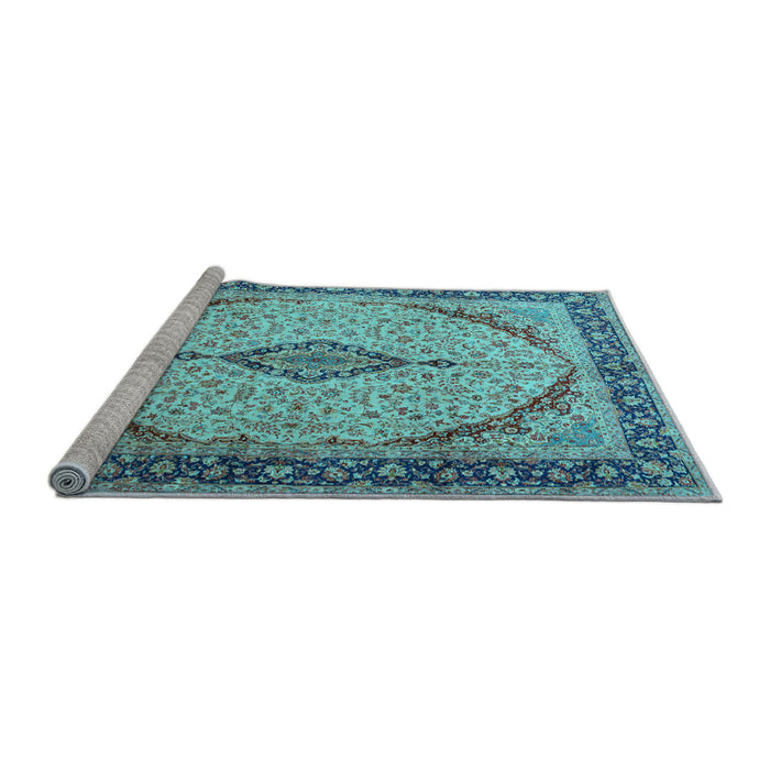 Sideview of Machine Washable Medallion Light Blue Traditional Rug, wshtr1118lblu