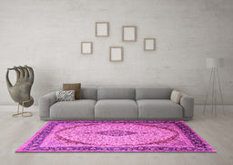 Machine Washable Medallion Pink Traditional Rug in a Living Room, wshtr1118pnk