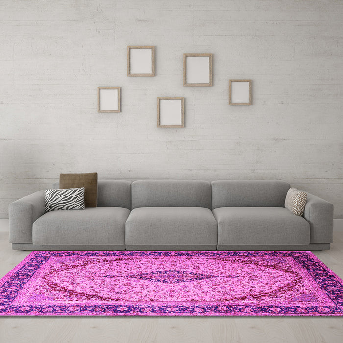Machine Washable Medallion Pink Traditional Rug in a Living Room, wshtr1118pnk
