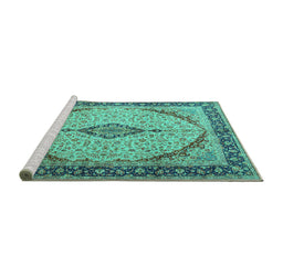 Sideview of Machine Washable Medallion Turquoise Traditional Area Rugs, wshtr1118turq