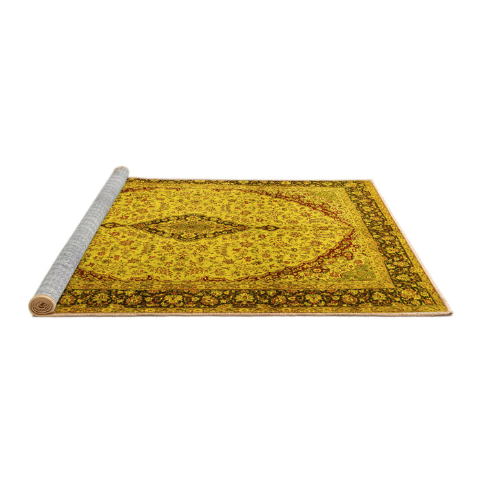 Sideview of Machine Washable Medallion Yellow Traditional Rug, wshtr1118yw