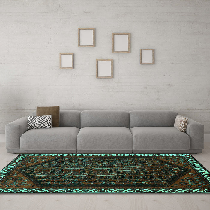 Machine Washable Persian Turquoise Traditional Area Rugs in a Living Room,, wshtr1120turq