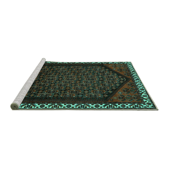 Sideview of Machine Washable Persian Turquoise Traditional Area Rugs, wshtr1120turq