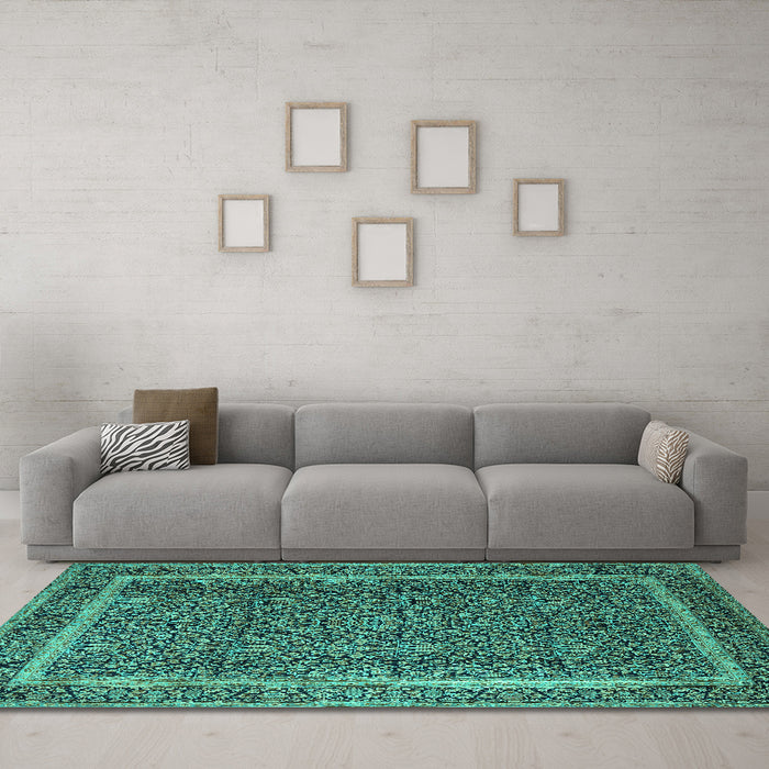 Machine Washable Persian Turquoise Traditional Area Rugs in a Living Room,, wshtr1121turq