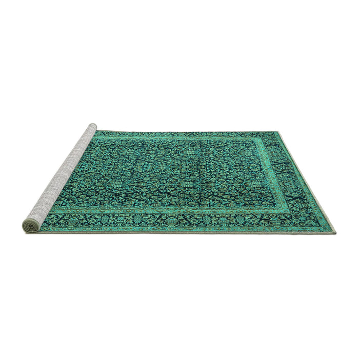 Sideview of Machine Washable Persian Turquoise Traditional Area Rugs, wshtr1121turq