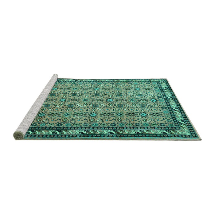 Sideview of Machine Washable Persian Turquoise Traditional Area Rugs, wshtr1122turq