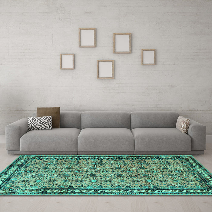 Machine Washable Persian Turquoise Traditional Area Rugs in a Living Room,, wshtr1122turq