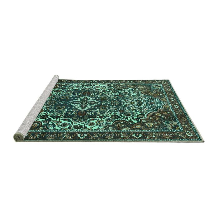 Sideview of Machine Washable Persian Turquoise Traditional Area Rugs, wshtr1123turq