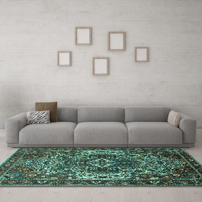 Machine Washable Persian Turquoise Traditional Area Rugs in a Living Room,, wshtr1123turq