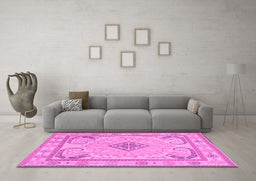 Machine Washable Persian Pink Traditional Rug in a Living Room, wshtr1125pnk