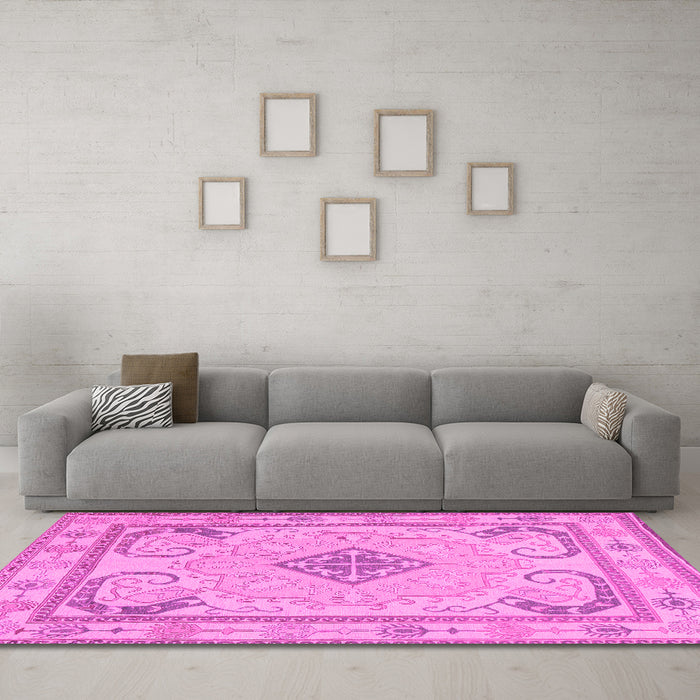 Machine Washable Persian Pink Traditional Rug in a Living Room, wshtr1125pnk